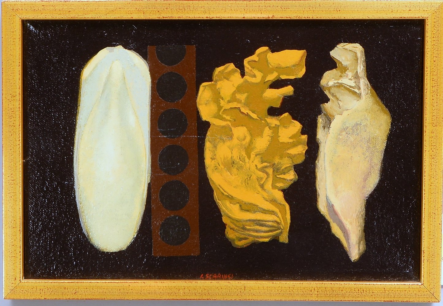 Scaringi, Ivo,'Objektkompos.', Öl/Lw, verso sign./ortsbez. 'Trani'; Rahmenmaße 22 x 32,5 cm