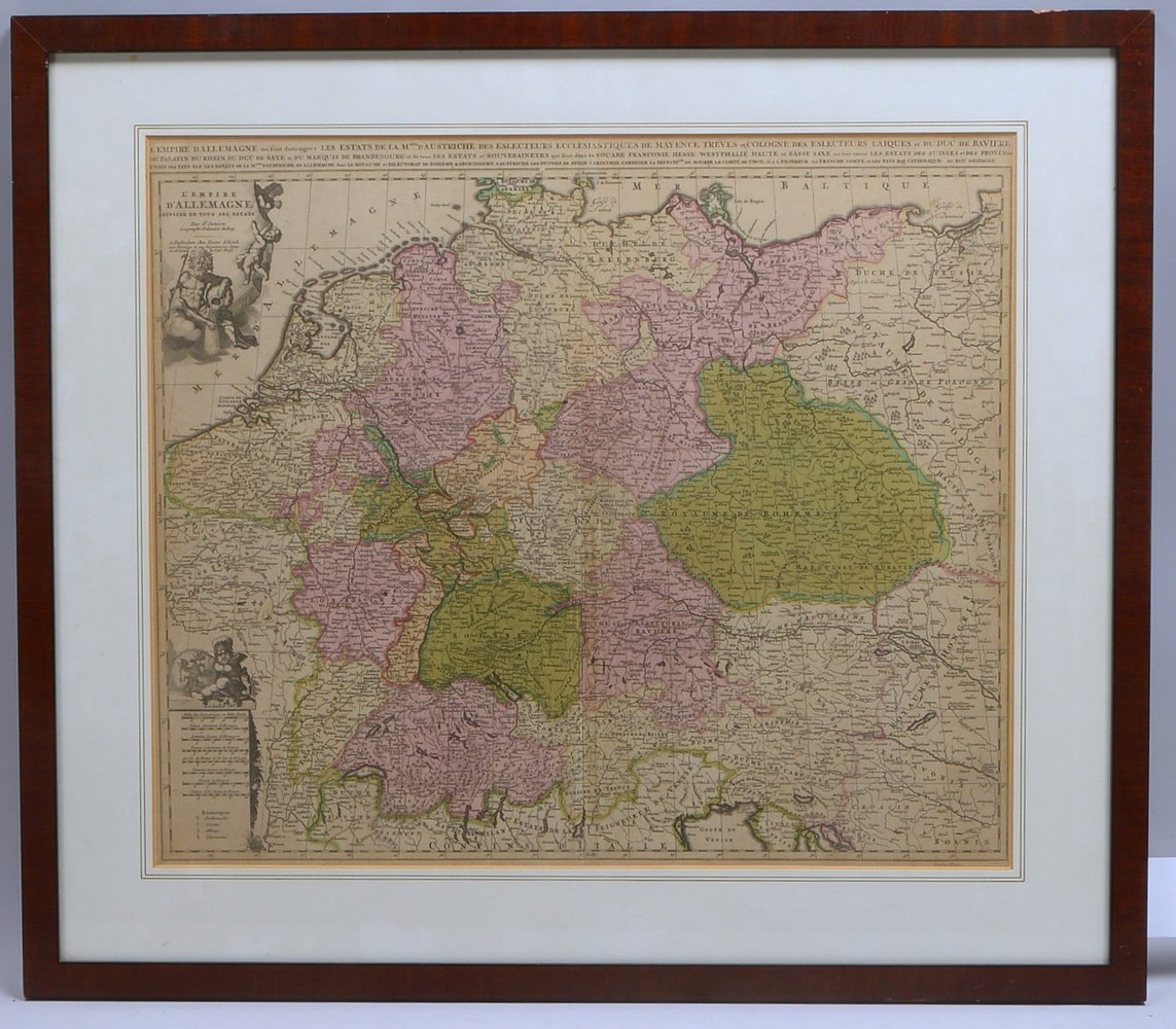 Histor. Landkarte, 'L'Empire d'Allemagne', kolor. Kupferstich, unter PP hinter Glas