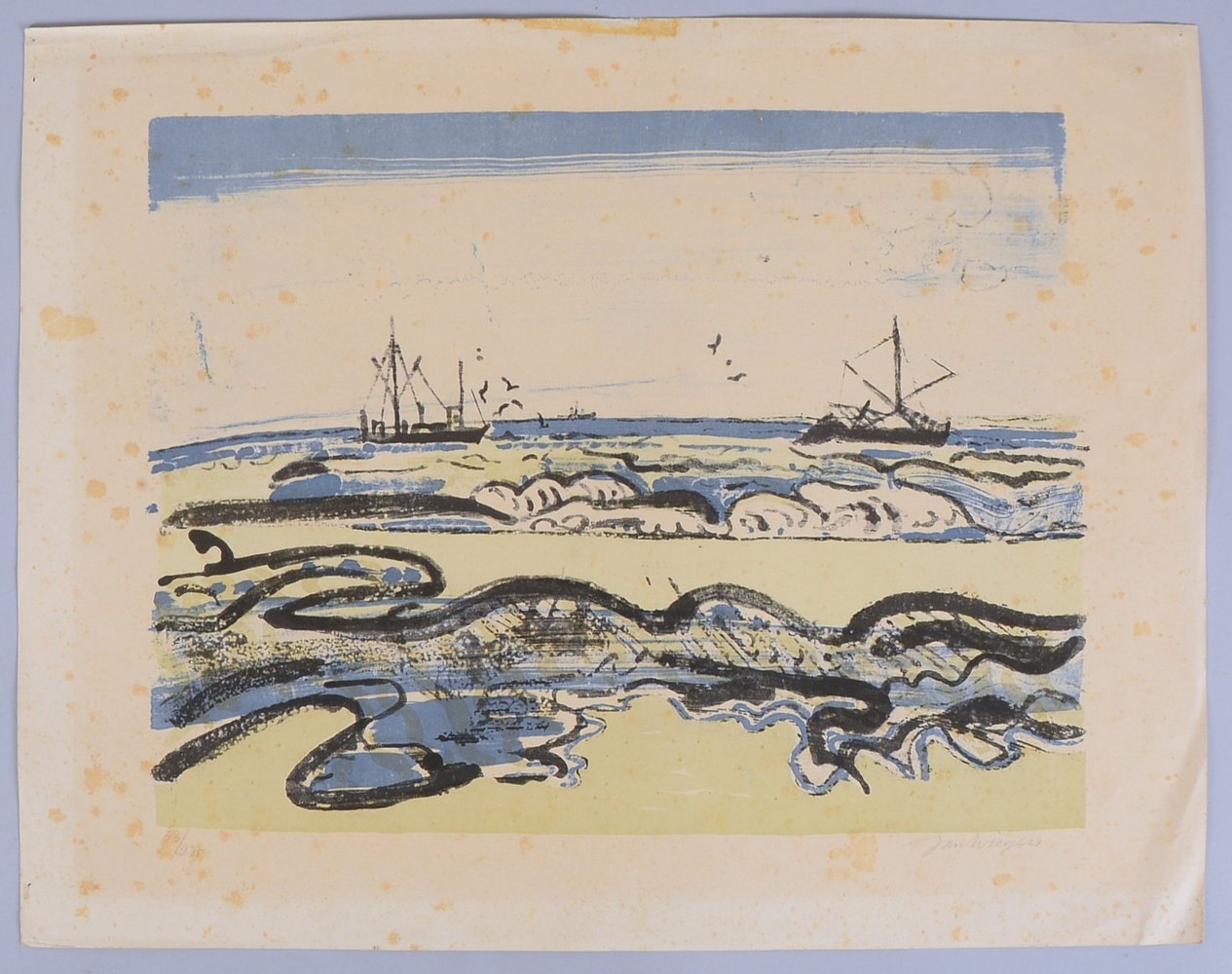 Wiegers, Jan, 'Strand mit Fischerbooten und Möven', Farblithogr., Aufl. '53/200', handsign.