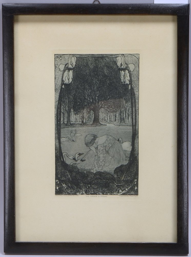 Vogeler, Heinrich, 'Die Sieben Schwäne', Radierung, im Druck monogr., hinter Glas