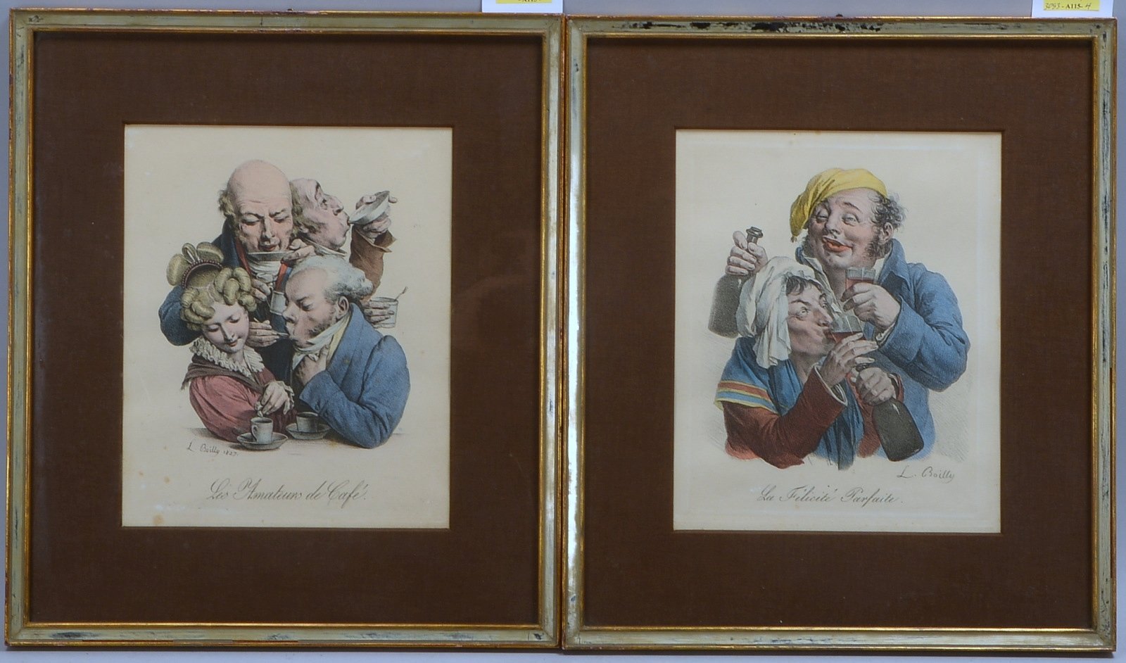 Boilly, L., 2 karikatur. Lithogr./kol., 1x dat. '1827', unter PP hinter Glas/mit Spiegelleiste