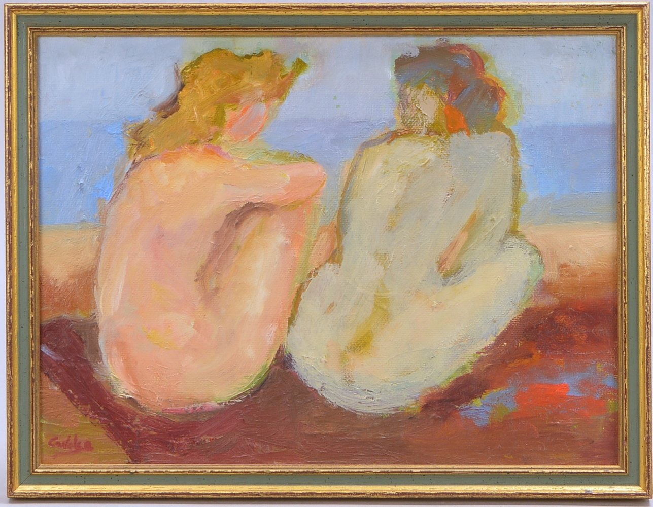 Cavalca, Gabriella, 'Bagnanti' - Zwei Badende, Öl/Malkarton, sign.; Maße 18 x 24 cm