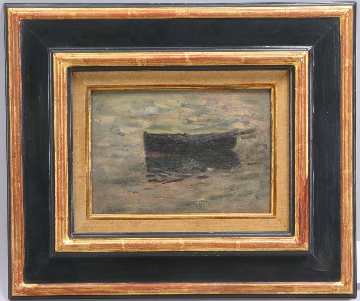 Suau, E.E. (zugeschr.), 'Ruderboot in der Dämmerung', Öl/Holz; Rahmenmaße 38,5 x 46 cm
