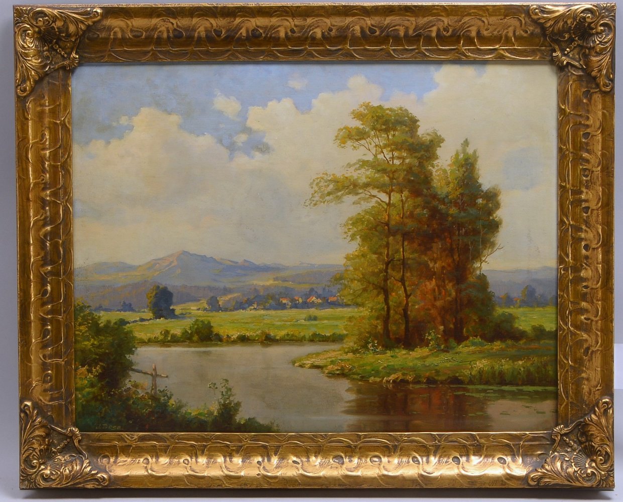Landschaftsgemälde, 'Flussbiegung', Öl/Holz, sign. 'Dose'(-?); Rahmenmaße 58,5 x 71,5 cm