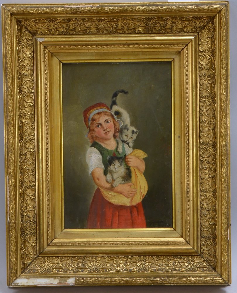 Gemälde, 'Mädchen mit zwei Katzen', Öl/Mk, (unles.) sign., im Prunkrahmen