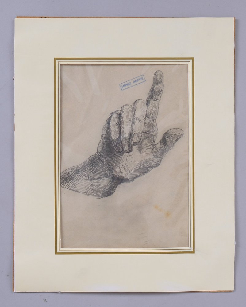 Makart, Hans, 'Hand', Bleistiftzeichnung, verso mit Nachlassstempel, unter PP hinter Folie