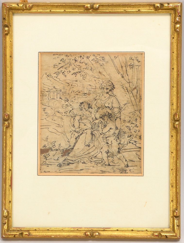 Federzeichnung, 'Maria, Jesus und Johannes', unsign.; Rahmenmaße 25,5 x 19,5 cm