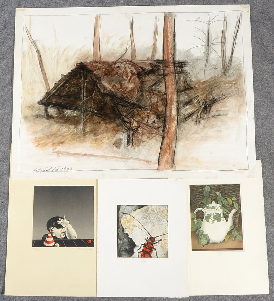 3x Radierungen (C. Lüttig, P. Nagel), 1x Mischtechnik (Th. Helmbold), sign., ungerahmt