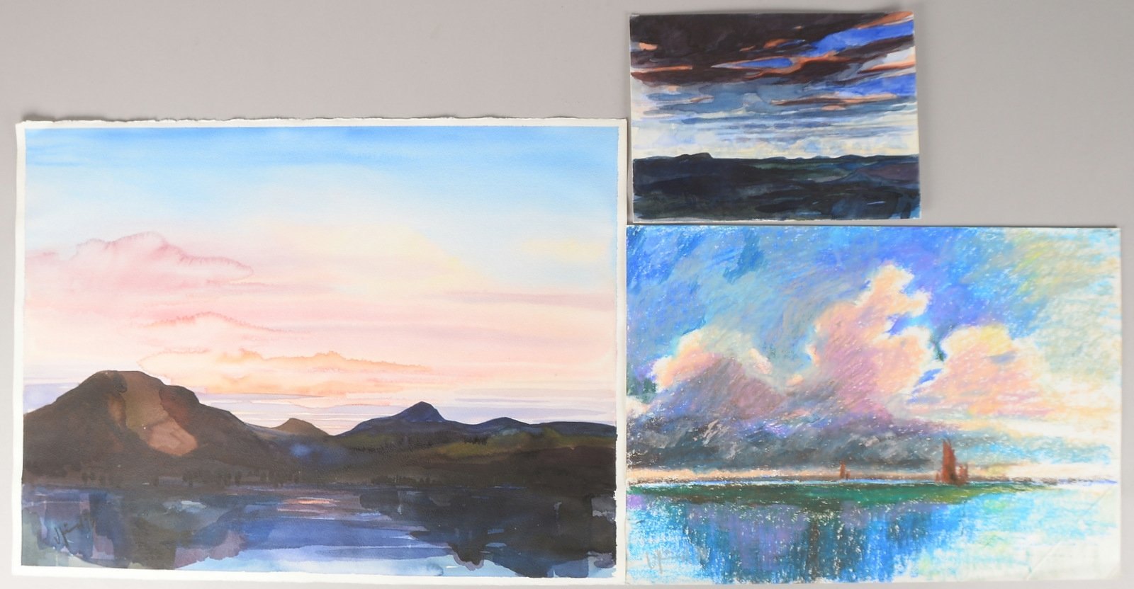 3x Landschaftsbilder: 2x Aquarelle und 1 Kreidepastell; Blattmaße bis 56 x 75 cm