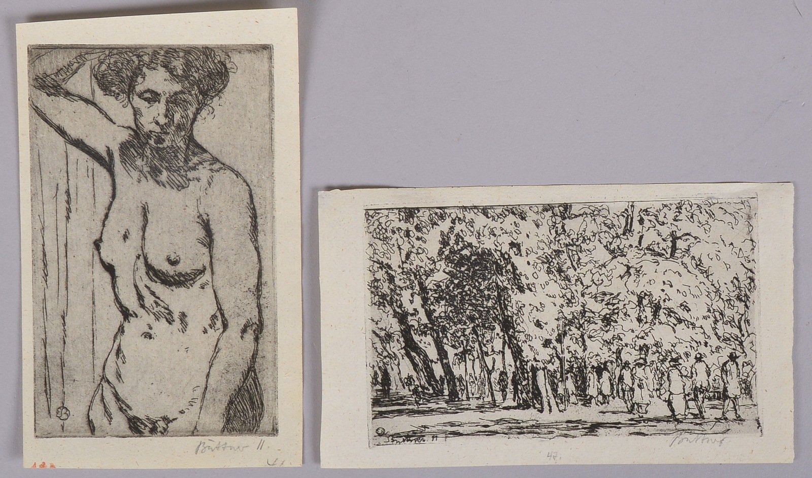 Büttner, E., 2 Radierungen: 'Weibl. Halbakt', ca. 17 x 10,5 cm; 'Laubwald', ca. 10,5 x 18 cm