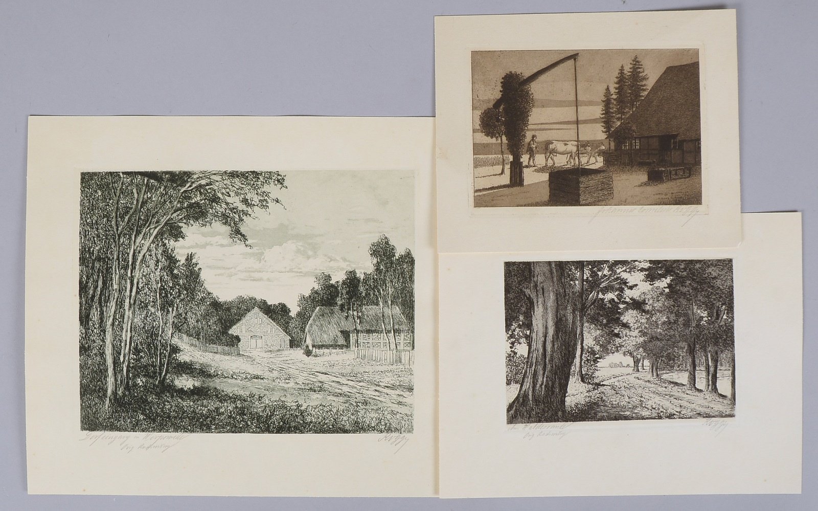Rogge, Cornelius, 3x Radierungen, 'Worpsw. Ansichten', sign.; Blattmaße bis 28 x 33 cm