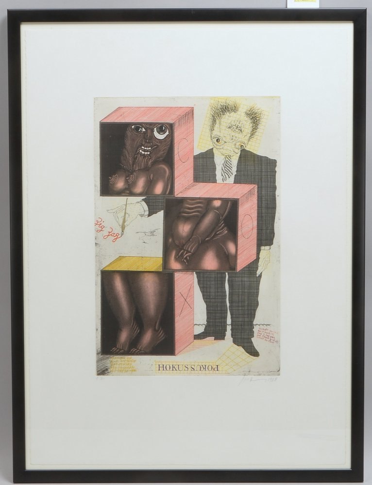 Bremer, Uwe, 'Hokus Pokus', Farbrad., sign./dat. '1988', hinter Glas, Rahmenmaße 83 x 62 cm
