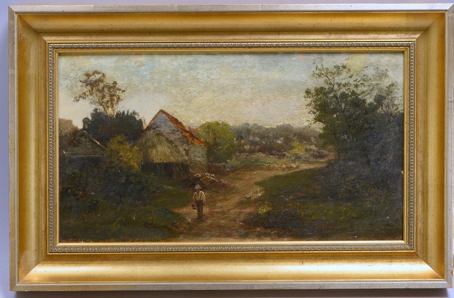 Gemälde (19. Jh.), 'Hirtenjunge vor Gehöft', Öl/Lw, sign.; Rahmenmaße 31,5 x 49 cm