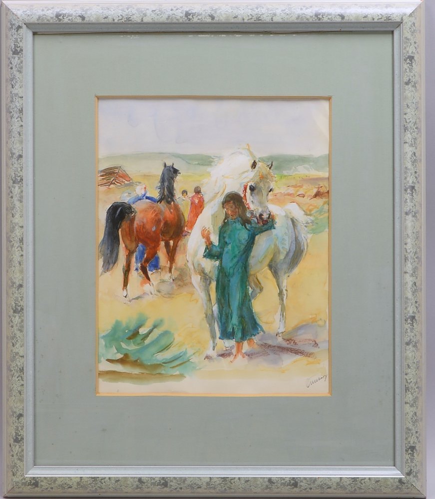 Aquarell, 'Junge Frau mit weißem Pferd', sign., unter PP hinter Glas; Rahmenmaße 67,5 x 57,5 cm