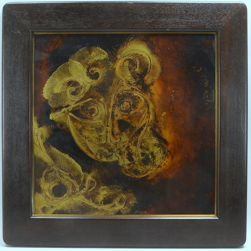 Metallbild, 'Frauenkopf', Messing grav./eloxiert, sign./dat. (19)'77'; Rahmenmaße 80 x 80