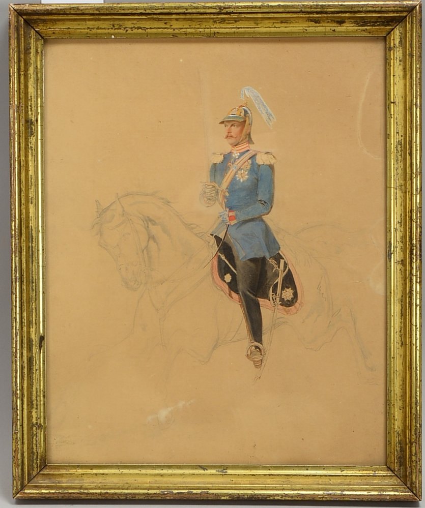 Bildstudie/Skizze, 'Friedr. Wilh., Herzog zu Mecklenb. ...', teilkol. Bleistiftzeichn., hinter Glas