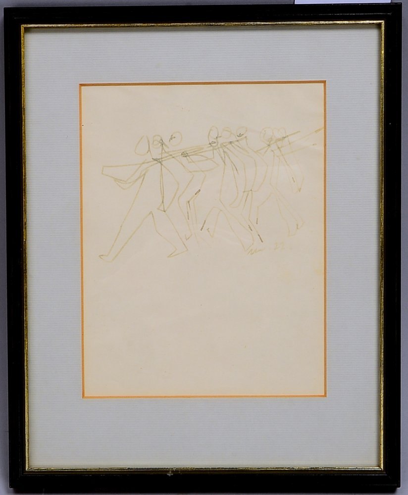 Schwarz, Heinrich, 'Schreitende Gruppe', Filzstift, unten re. sign./dat. (19)'77', hinter Glas