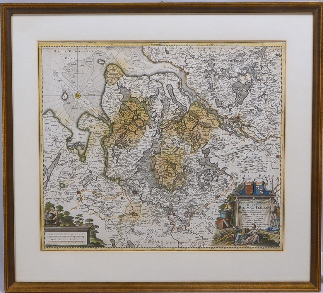 Histor. Landkarte, 'Bremen und Verden', grenzkol. Kupferstich (Matth. Seutter), hinter Glas