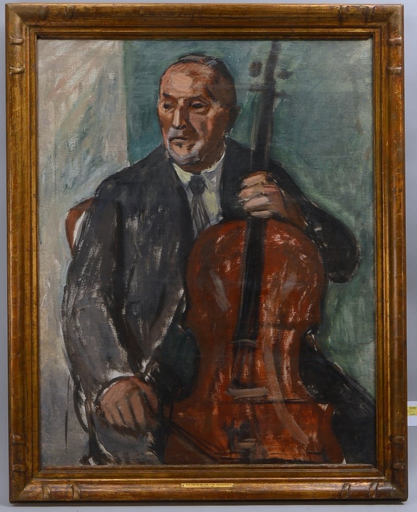 Freytag, O., 'Der Cellospieler', Öl/Lw, unsign., auf Platte bez.; Rahmenmaße 110 x 88 cm