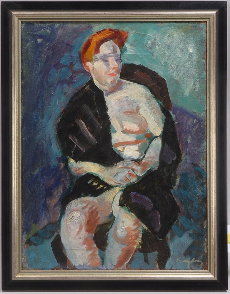Freytag, Otto, 'Weibl. Akt mit schwarzem Mantel', Öl/Lw, sign.; Rahmenmaße 58 x 45 cm