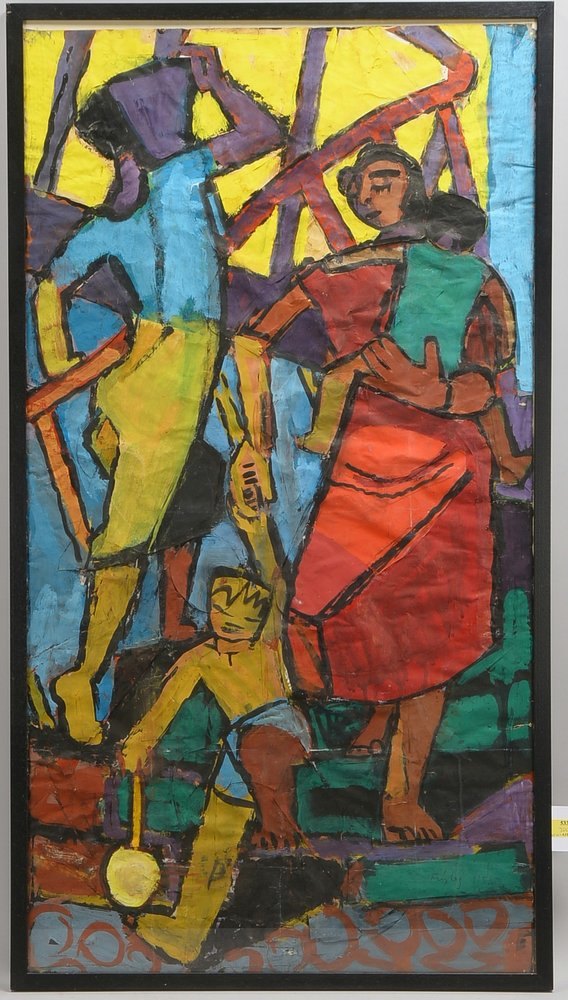 Freytag, Otto. 'Mutter mit Kindern', Acryl/Papier, sign./dat.; Rahmenmaße 119 x 66 cm