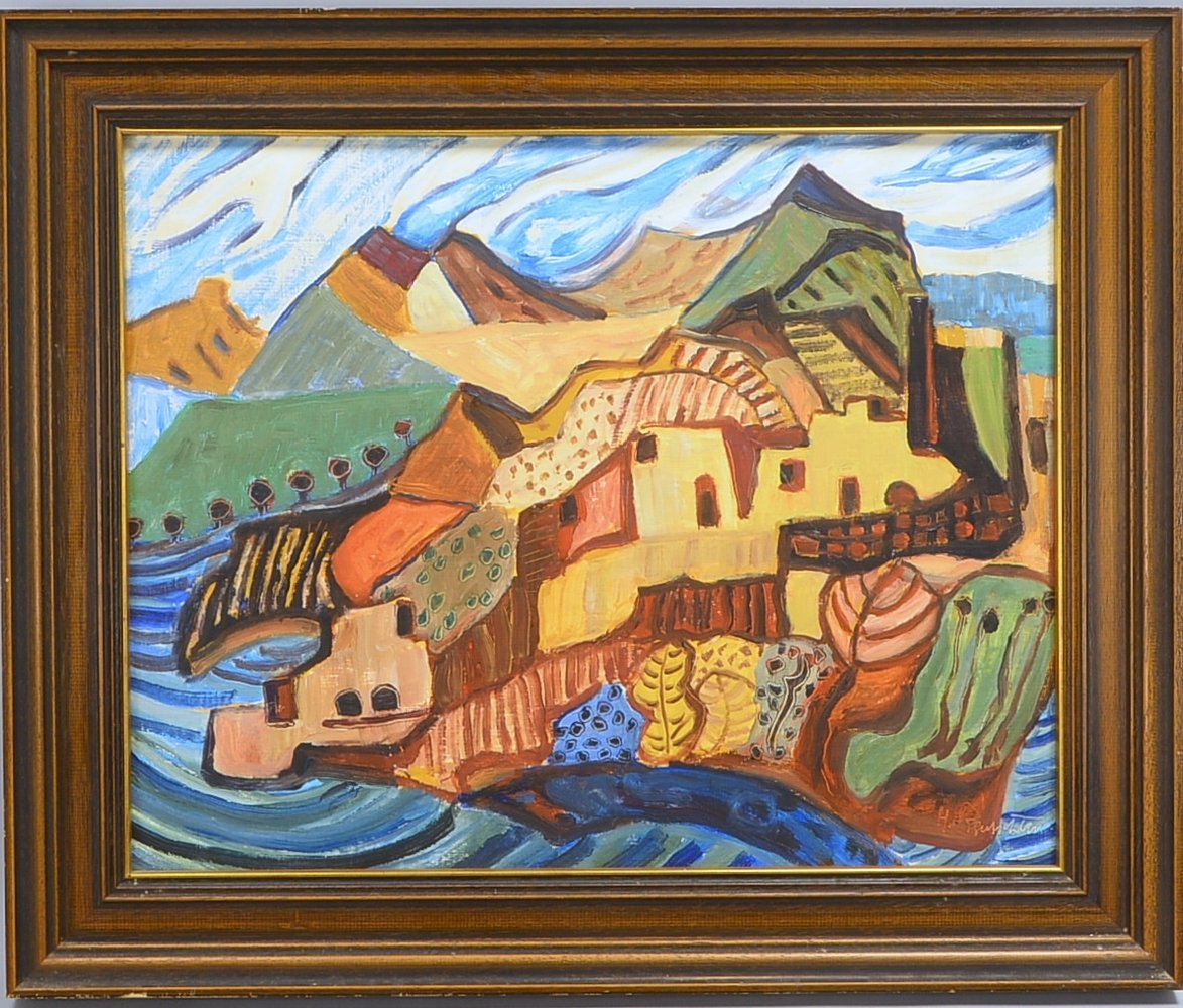 Rentschler, Helmut, 'Inselhäuser', Öl/Mk, unten re. sign.; Rahmenmaße 50 x 60 cm
