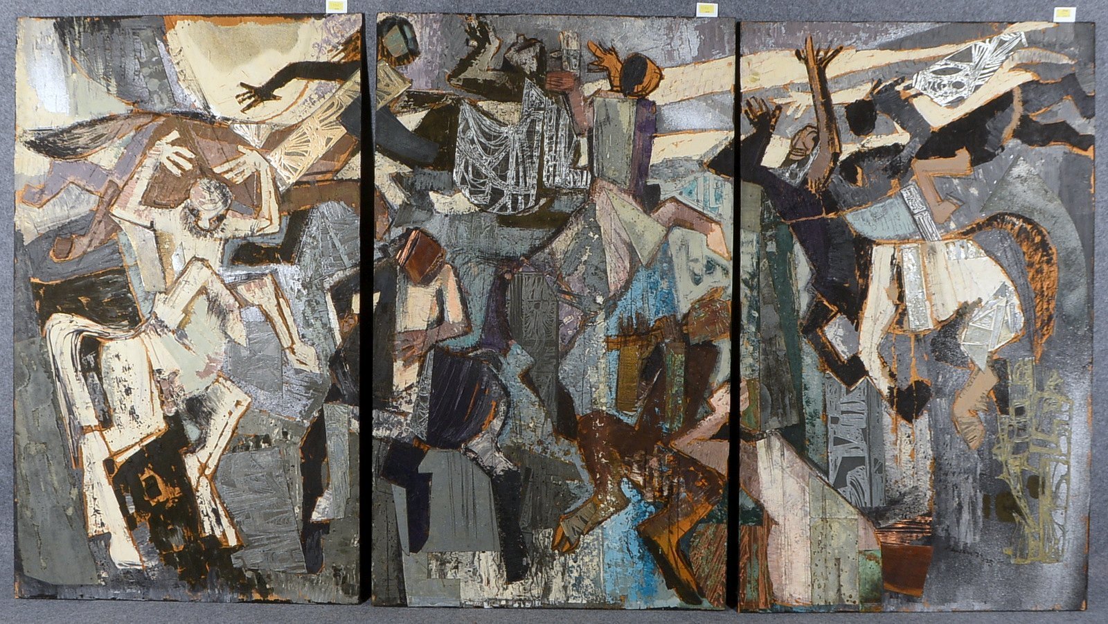Schwarz, H., gr. Triptychon, 'Pan und Centauren', Collage auf Holz, sign./dat. (19)'74/75'
