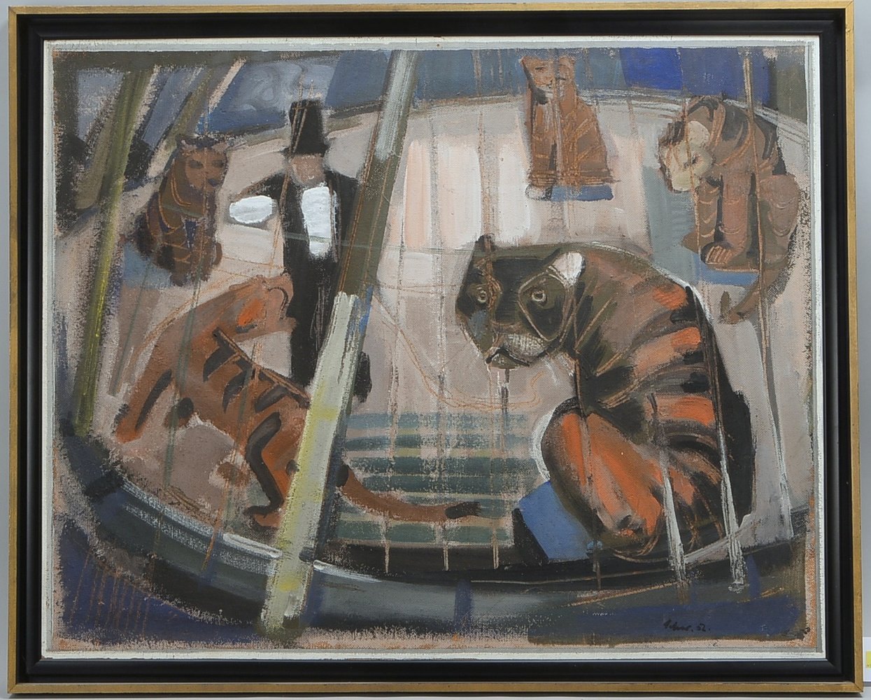 Schwarz, H., 'Tiger im Zirkus', Acryl/Hf, sign./dat. (19)'52'; Rahmenmaße 86 x 106 cm