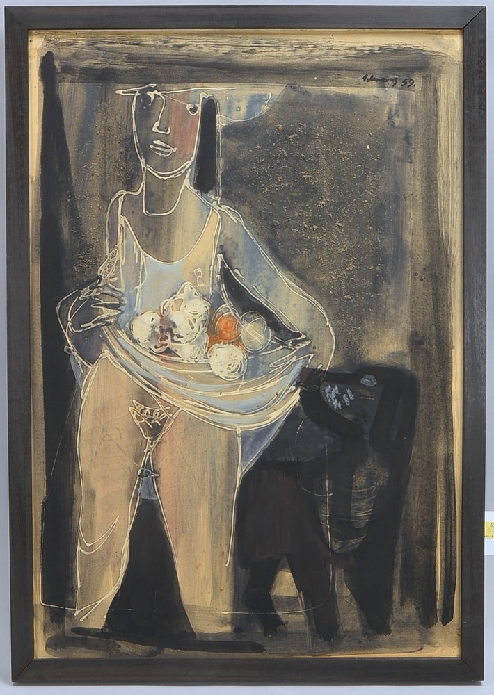 Schwarz, Heinrich, 'Frau mit Obst', Mischtechnik/Karton, oben re. sign./dat. (19)'59'