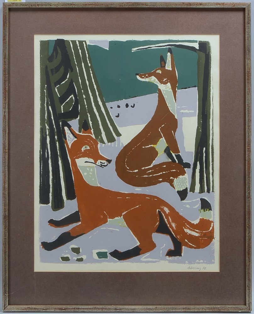 Schwarz, H., 'Zwei Füchse', Linolschnitt, sign./dat., hinter Glas; Rahmenmaße 82 x 66 cm