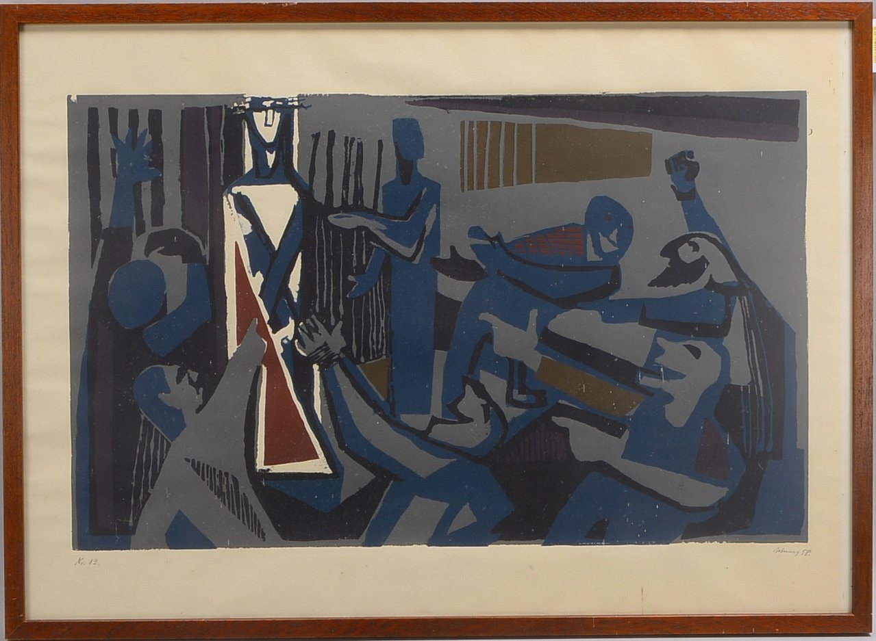 Schwarz, H., 'Die Verhöhnung Christi', Linolschnitt, numm. '12'; Rahmenmaße 65 x 90 cm