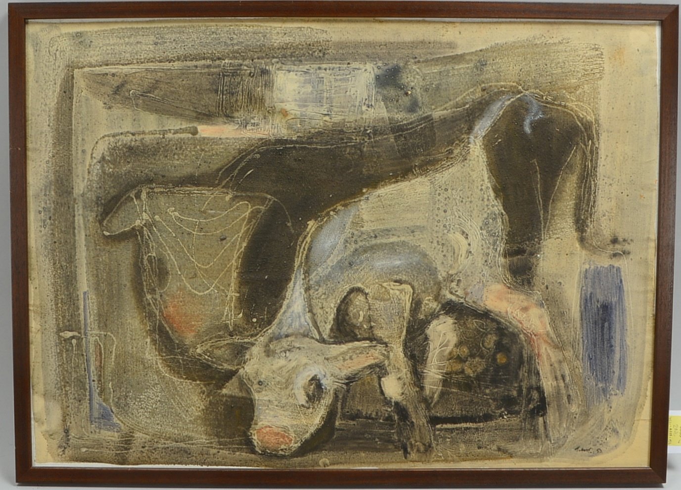 Schwarz, H., 'Kuh mit Kalb', Mischtechn./Karton, sign./dat.; Rahmenmaße 58 x 80 cm
