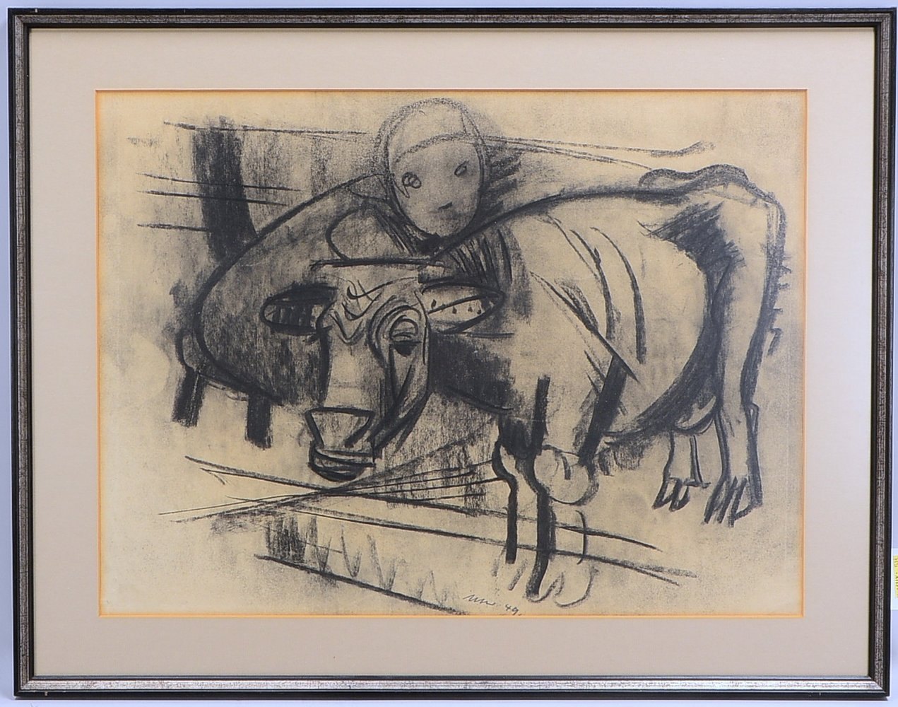 Schwarz, H., 'Magd mit Kuh', Kohlezeichn., sign./dat.; Rahmenmaße 60 x 77 cm