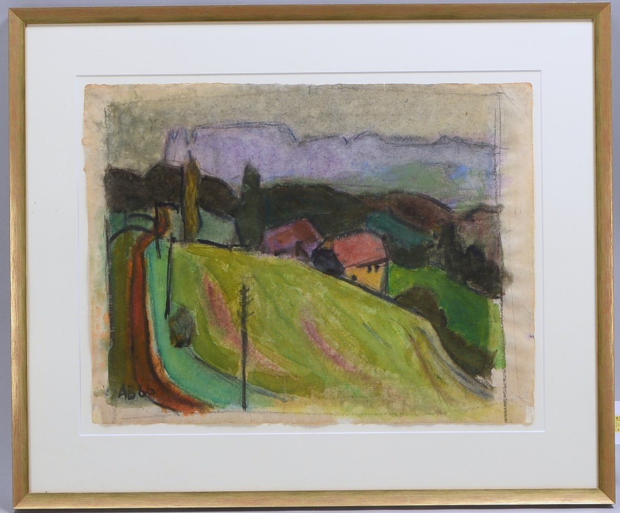 Monogr. AB, 'Hügelige Landschaft', Kohlezeichn./Pastell, dat.; Rahmenmaße 62 x 75 cm