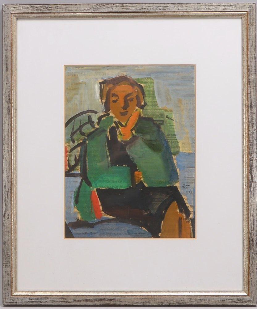 Monogr. HG(?), 'Sitzende Dame', Aquarell/Zeitung, dat. (19)'54'; Rahmenmaße 64 x 54 cm