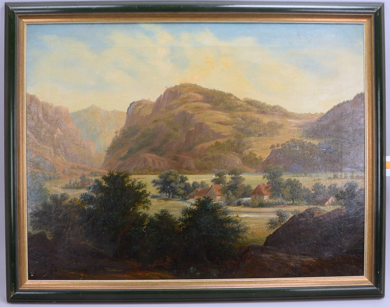 Gemälde, 'Blick auf Häuser im Felsental', Öl/Lw, doubliert, unsign.; Rahmenmaße 78 x 100 cm