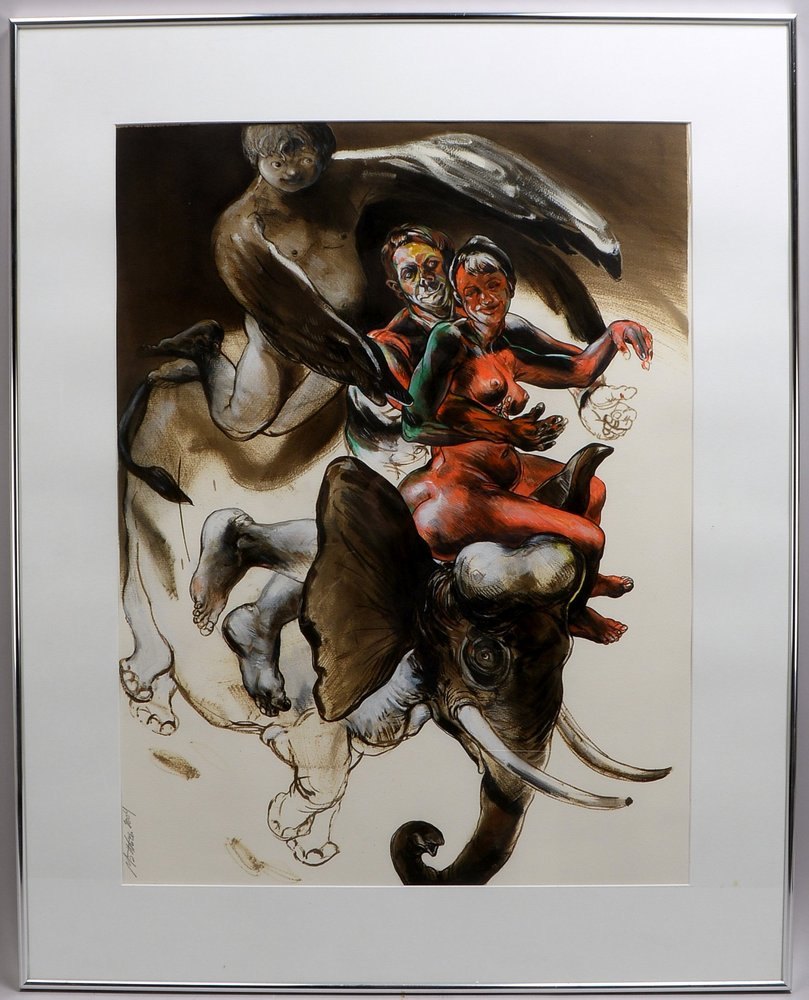 Kuhn, Matthieu, 'Der Elefantenritt', Gouache, sign./dat. '2004', unter PP hinter Glas