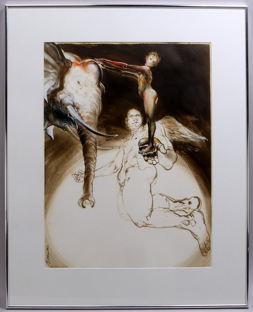 Kuhn, Matthieu, 'Der Elefant und der Engel', Gouache, sign./dat. '2004', unter PP hinter Glas