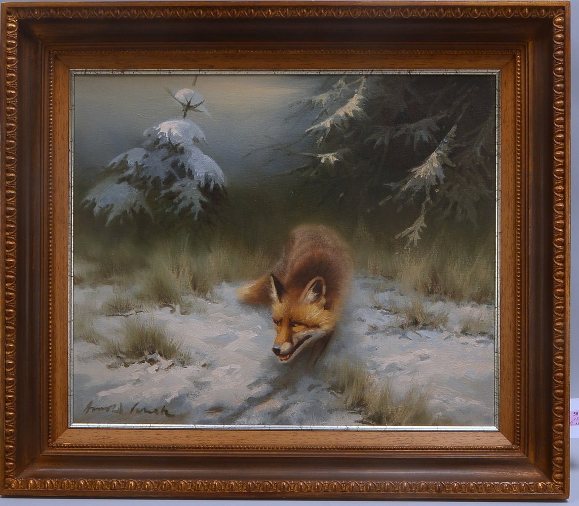 Schatz, Arnold, 'Schnürender Fuchs im Winterwald', Öl/Lw, sign.; Rahmenmaße 67 x 77 cm