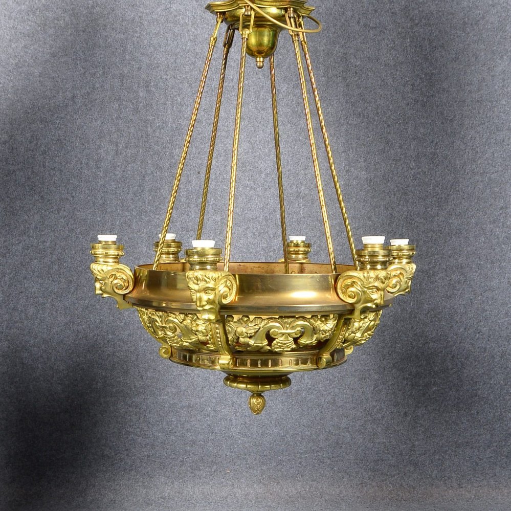 Deckenlampe, 6-fl., Bronze/verg., partiell figürl./teils floral durchbr.; Ø 67 cm