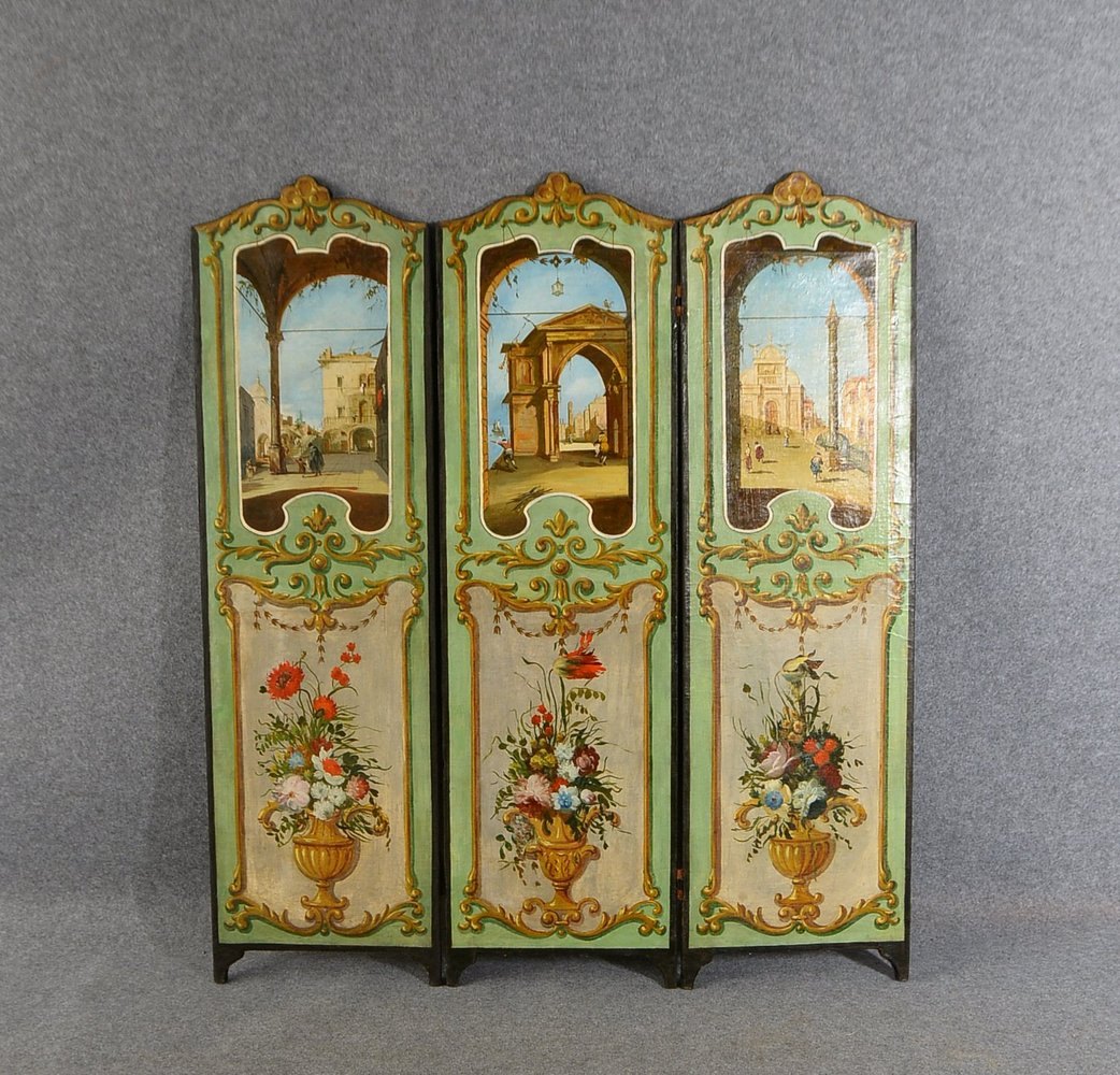 3-tlg. Paravent (venez.), Öl/Lw (rocaill. 'Stadtansichten' und 'Blumenbouquets); Höhe 163 cm