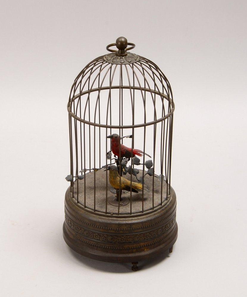 Antike Spieluhr, 'Vogelpaar in Käfig', Metall, fein gearb./mehrf. bewegl., funktionst.