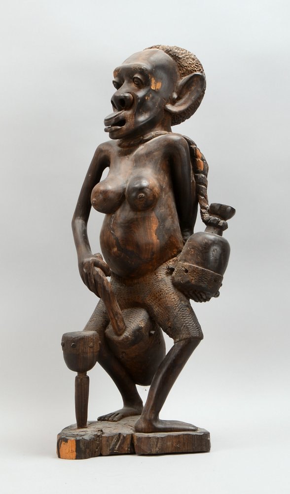 Ahnenfigur (Baule/Elfenbeinküste), Hartholz, 'Frauenskulptur mit Attributen'; Höhe 77 cm