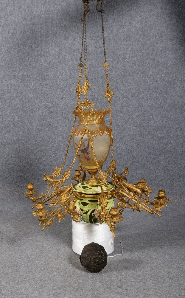 Petrol.-Deckenlampe, Majolika-Korpus mit Glasschirm/Einsatz, Weißmet./verg., 6x Kerzen