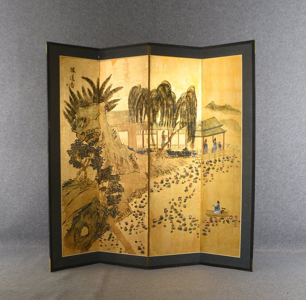 4-tlg. Paravent (China), Tusche-/Blattgold-Malerei auf Papier, sign./bet.; Höhe 183 cm