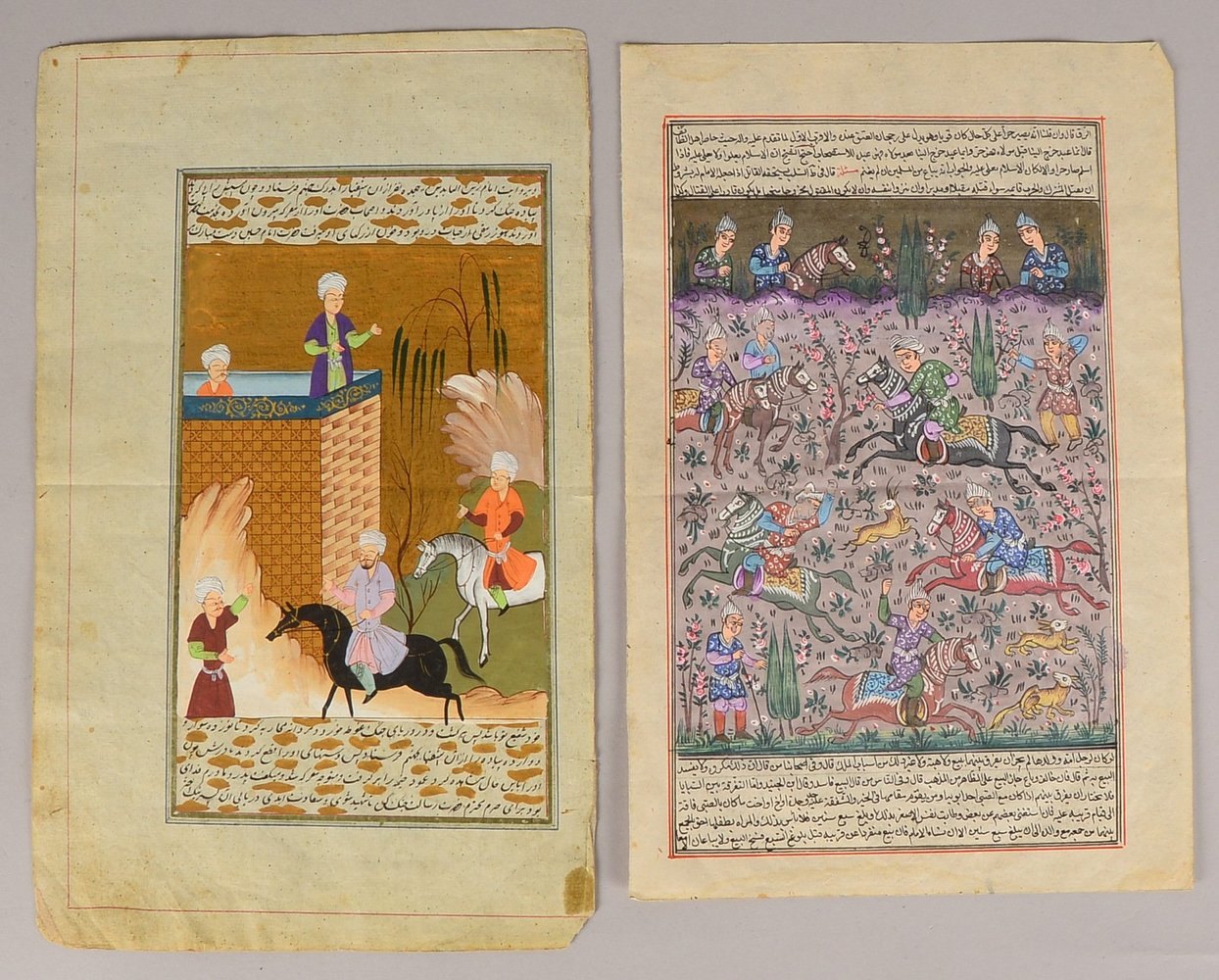 2 Malereien (Indien), 'Szen. Darstellungen' (islam.), mit arab. Kalligrafie