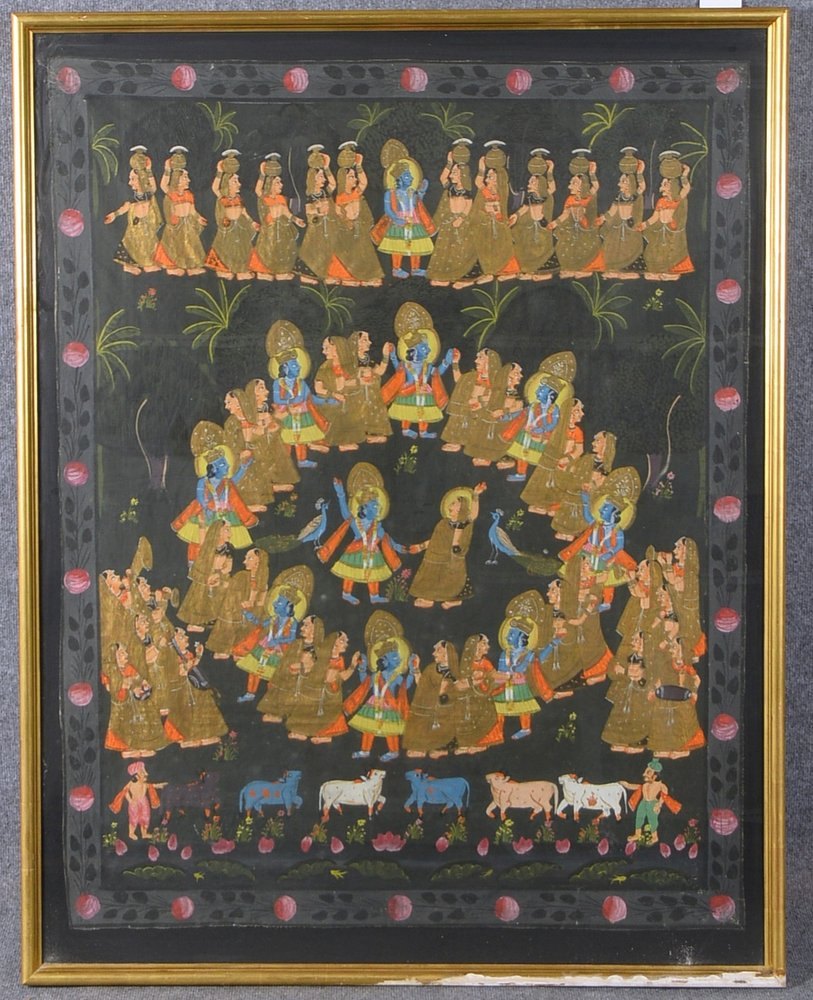 Malerei (Indien), 'Mehrfig. Tanzszene', auf Lw, hinter Glas; Rahmenmaße 132 x 104 cm