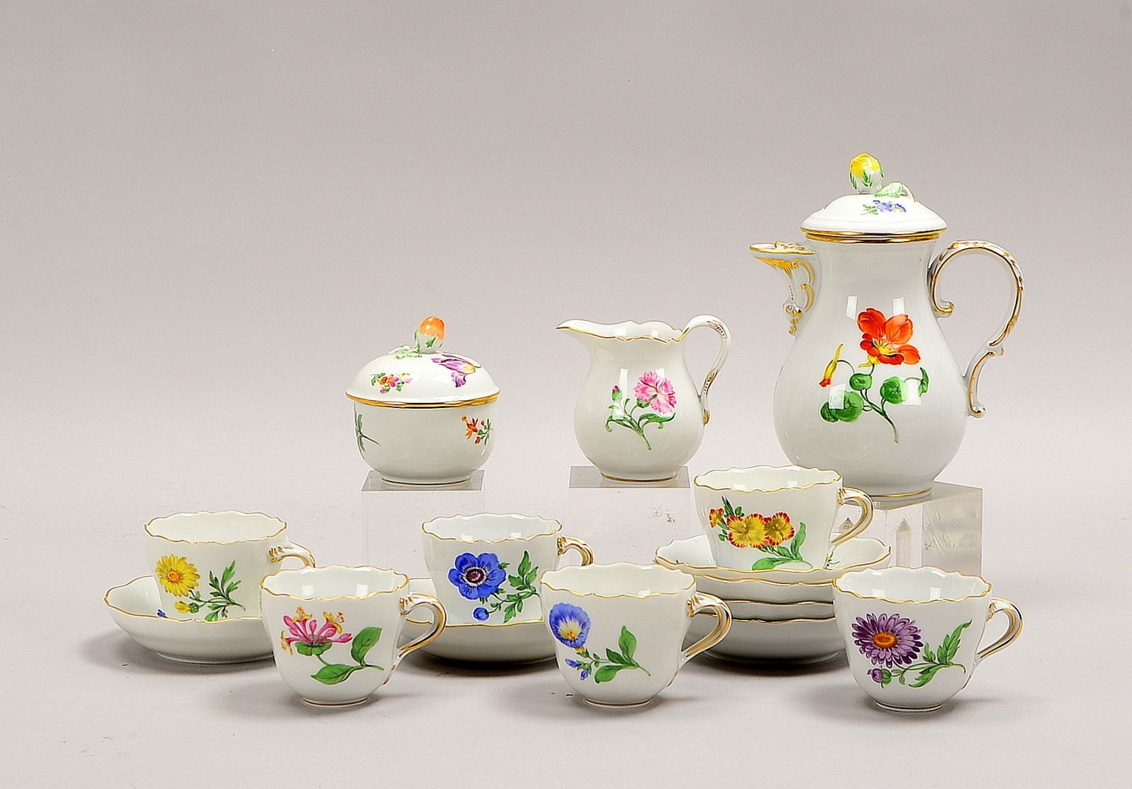 Meissen (2-gestr.), Mokkaservice, Dekor 'Deutsche Blume', kompl. für 6 Pers.