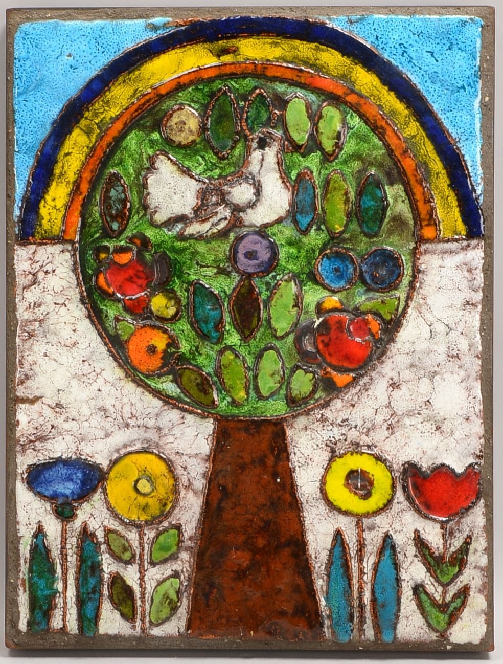 Weichberger, H., Keramikplatte, 'Taube im Baum', farbig glasiert, im Eisenrahmen