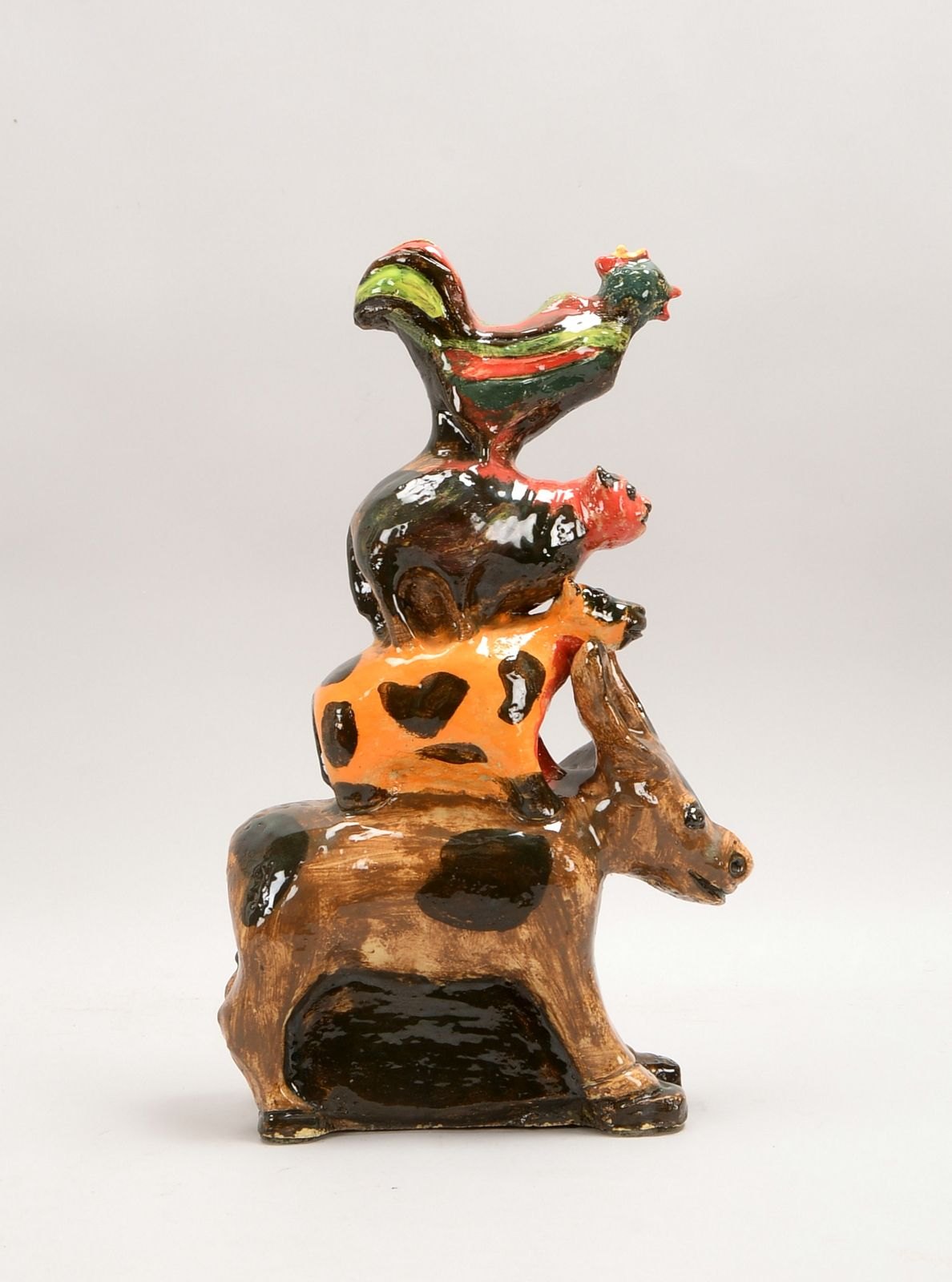 Keramikskulptur, 'Bremer Stadtmusikanten' - naive Ausf., farbig glasiert; Höhe 47 cm